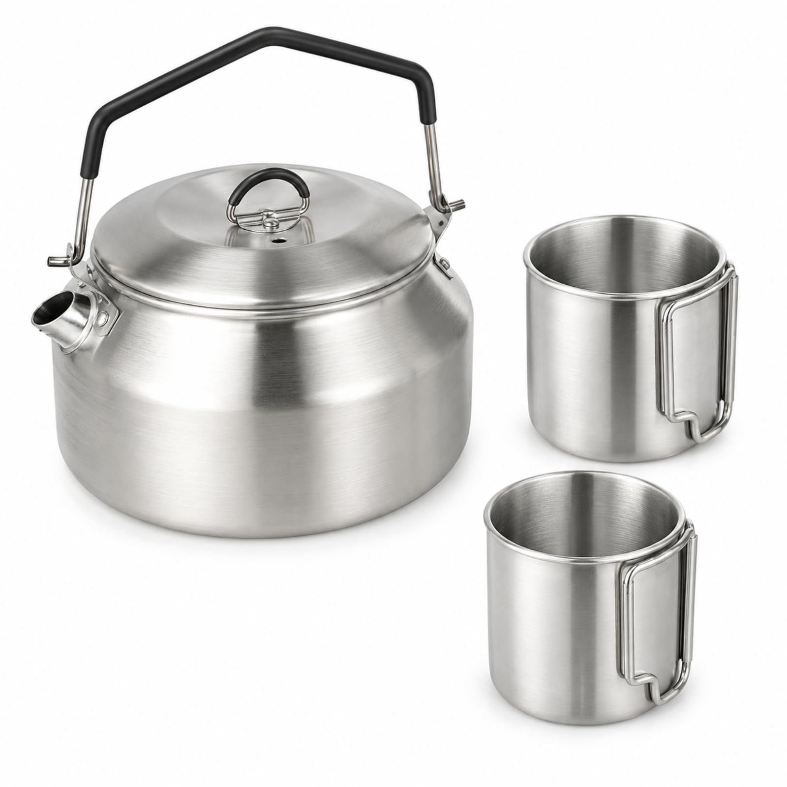 Raoletin 3PCS Camping Kettle 1L Camping Kettle for Gas Stove, Stainless Steel Teapot with 2 Foldable Cups for Boiling Water, Tea and Coffee, Portable Stove Top Kettles for Picnic, Hiking and Travel