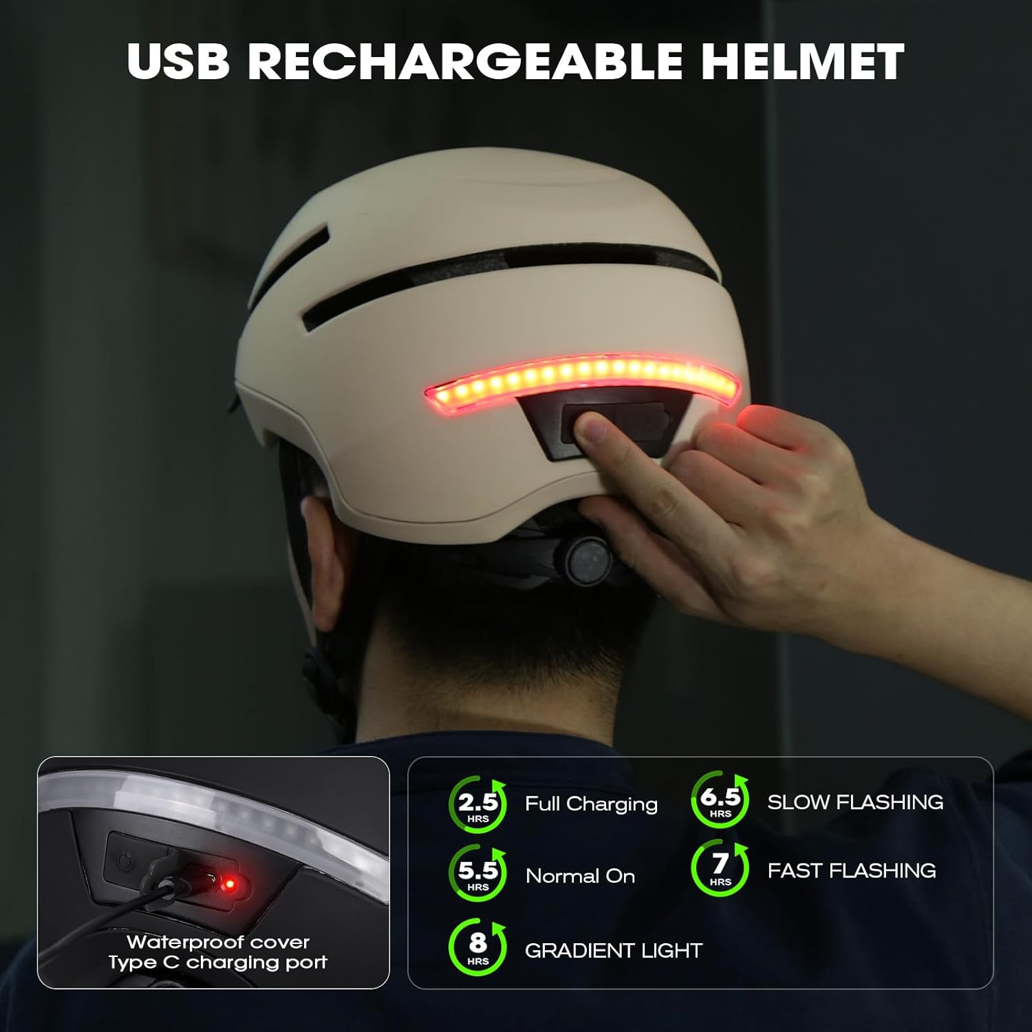 Image showing the USB Type-C charging port on the helmet and estimated battery life for different light modes