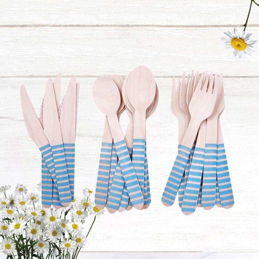 NUOBESTY Wooden Cutlery Set Forks 16 Spoons 16 Knives Eco- Friendly Birthday Party Wooden Flatware Set for Outdoor Birthday Picnic Party Blue