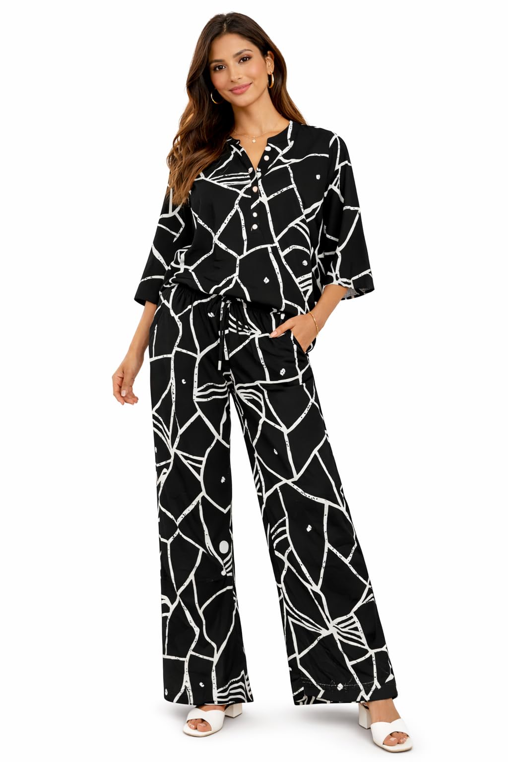 designally Women's Printed Co-ord Set, Viscose Rayon, Top and Wide-Leg Pants, 3/4 Sleeves, Casual Wear, Abstract Print-picture-16