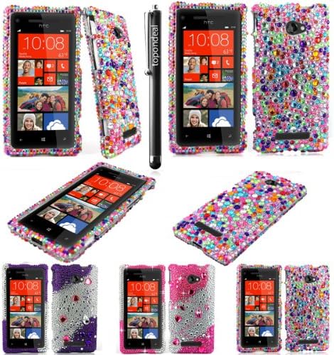 TopOnDeal TM Diamond Bling Jewel Rhinestone Rainbow Colors Case Cover Protecter+Free Stylus Touch Pen For HTC Windows 8x Phone (Rainbow Colors)