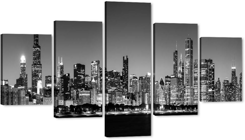 5 Pcs Abstract Cityscape Chicago Skyline Wall Art Black and White Modern Panoramic Cityscape Picture Painting Bedroom Office Living Room Home Decoration City View Framed Ready to Hang - 60" Wx 40"H