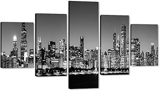 5 Pcs Abstract Cityscape Chicago Skyline Wall Art Black and White Modern Panoramic Cityscape Picture Painting Bedroom Office Living Room Home Decoration City View Framed Ready to Hang - 60" Wx 40"H