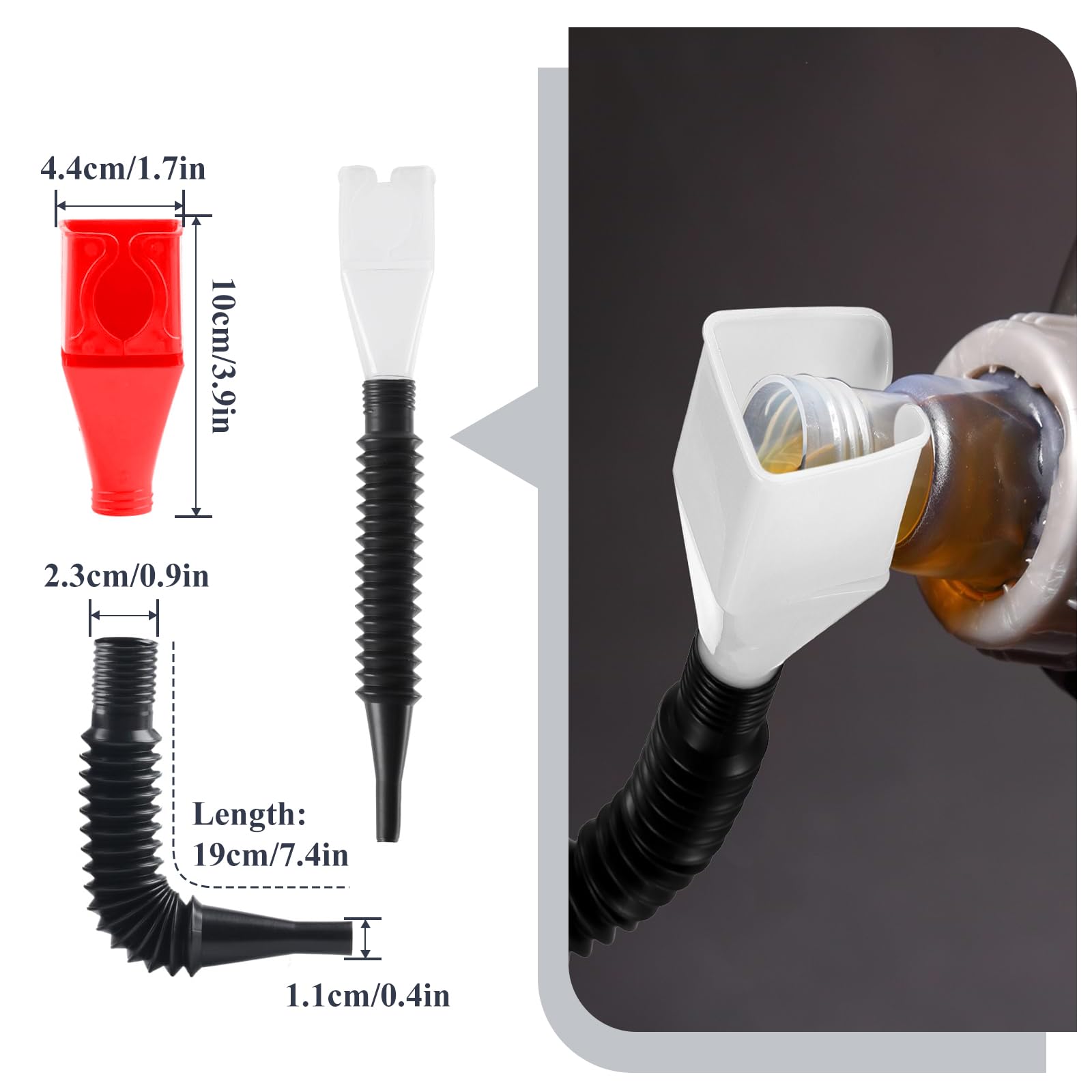 Set di 10 imbuti per auto, a bocca larga, in plastica, per olio a collo lungo, flessibili ad angolo retto, con beccuccio e filtro rimovibili, set di imbuto in plastica per acqua, benzina, refrigerante