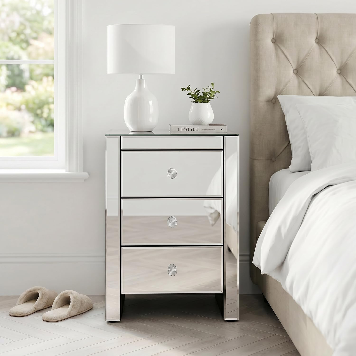 The Furniture Market Venetian Mirrored 3 Drawer Bedside Table | Crystal Glass Handles | Bevelled Edges | Premium Quality | No Assembly Required | H 660mm x W 450mm x D 350mm