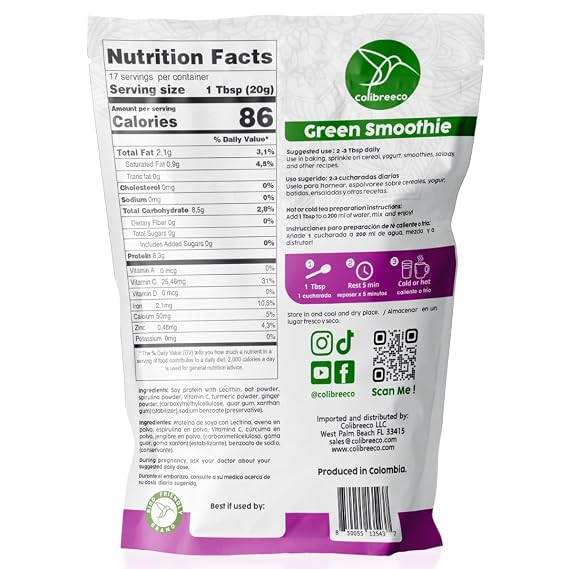 Colibreeco, Plant-Based Green Protein Powder, 12 oz (Pack of 2) Superfood Protein with Spirulina, Turmeric, Ginger, Probiotics for Digestive Support, Nutrition & Energy. Vegan & Chemical-Free.