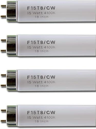 Paquete de 4 bombillas fluorescentes de 18 pulgadas F15T8-CW de 15 W, luz blanca fría, lámpara de tubo recto de 4100 K, tapa mediana G13 bi-pin