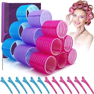 ALLBIZ Jumbo Hair Rollers Sets, Large Self Grip Hair Curlers, 32 Packs Hair Rollers With Clips Includes 3 Size 18 Pcs Heatless Velcro Rollers and 12 Pcs Hair Clips for Long Medium Short Hair