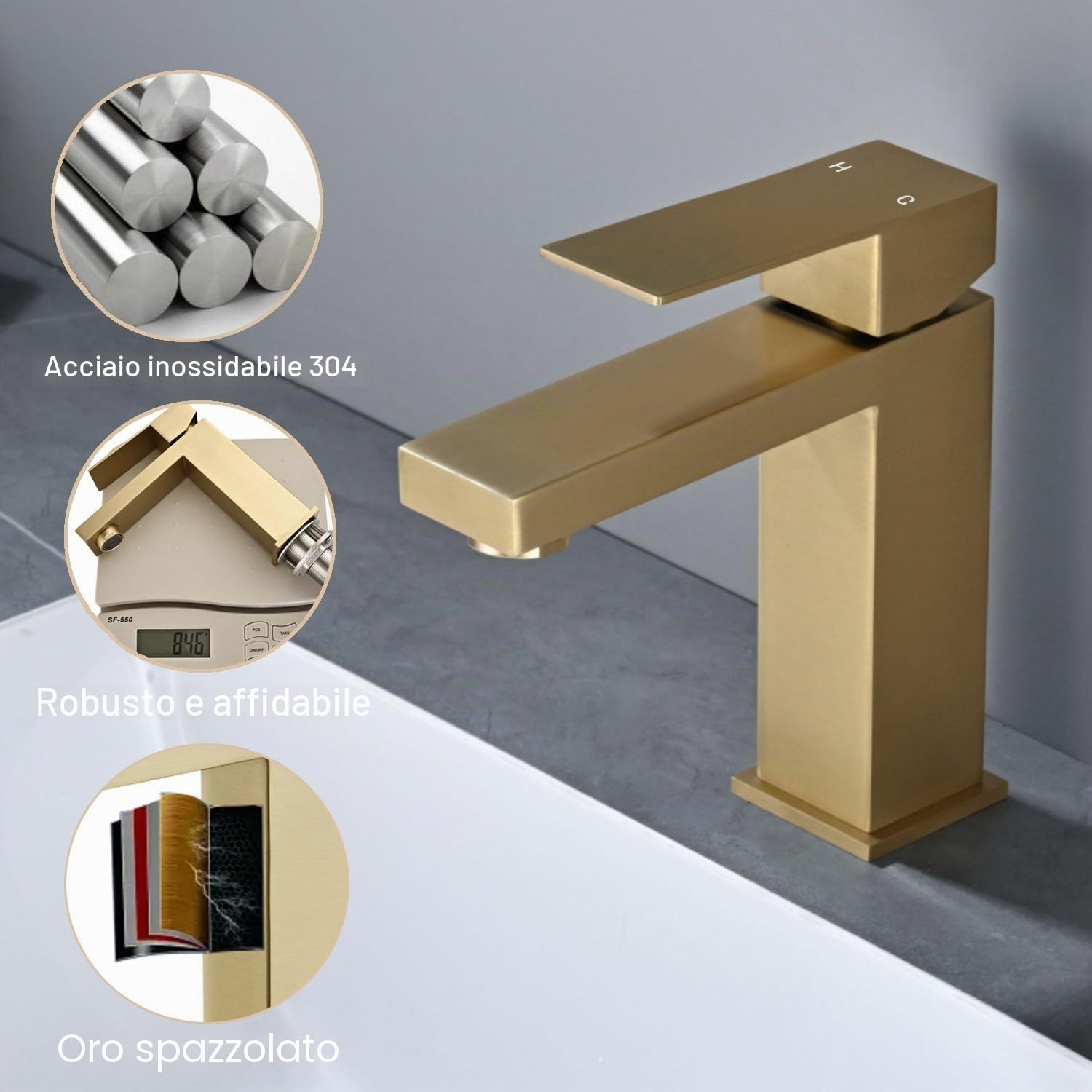 Rubinetto Bagno Lavabo Oro Acciaio Inox, DETBOM Miscelatore Monocomando Fredda e Calda Regolabile con Aeratore Rimovibile, Altezza Bocca 119 mm