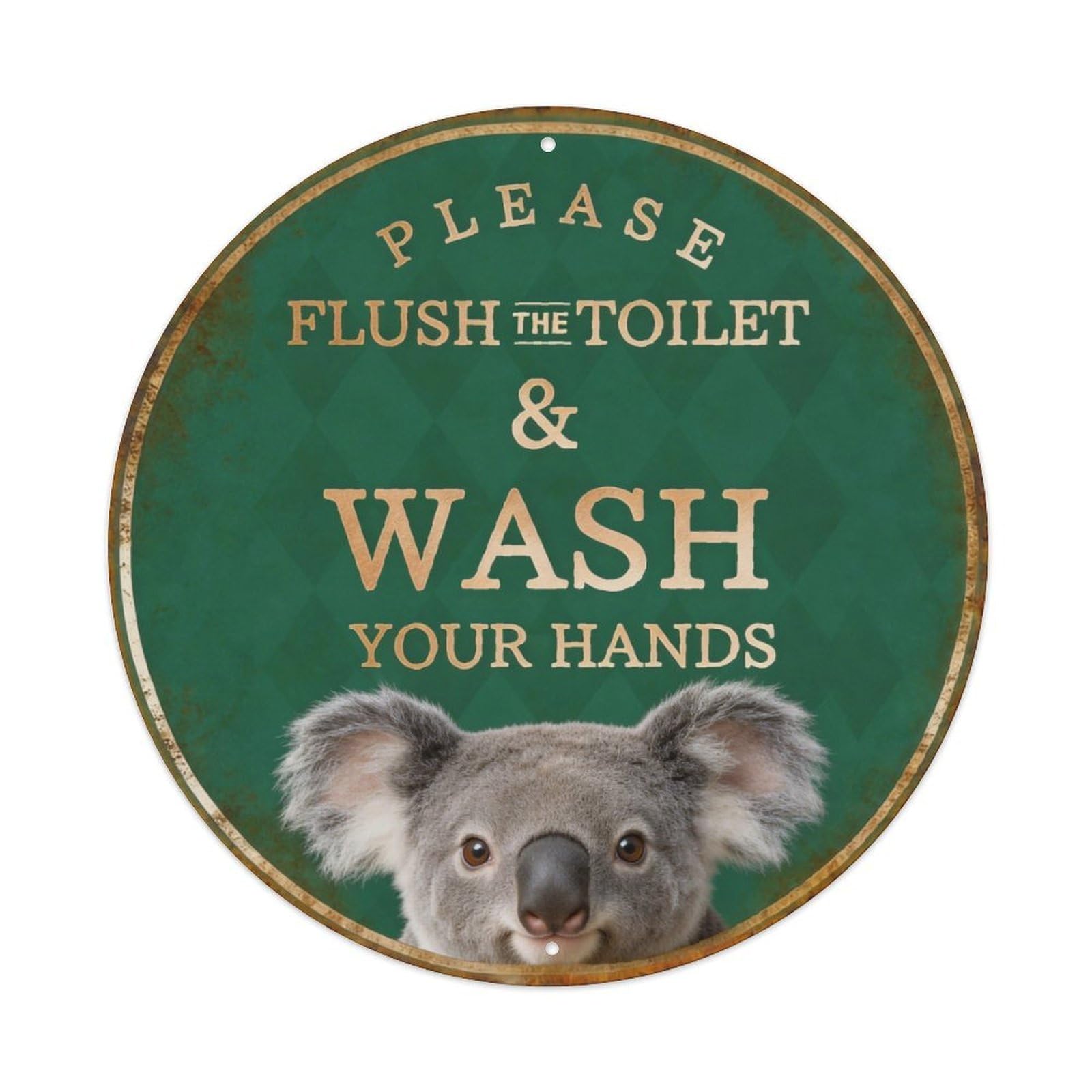 Green Diamond Koala Bathroom Reminder Round Metal Sign Vintage Aluminium Metal Sign, Retro Wall Decor for Home, Bar, Garage & Farmhouse 20x20cm