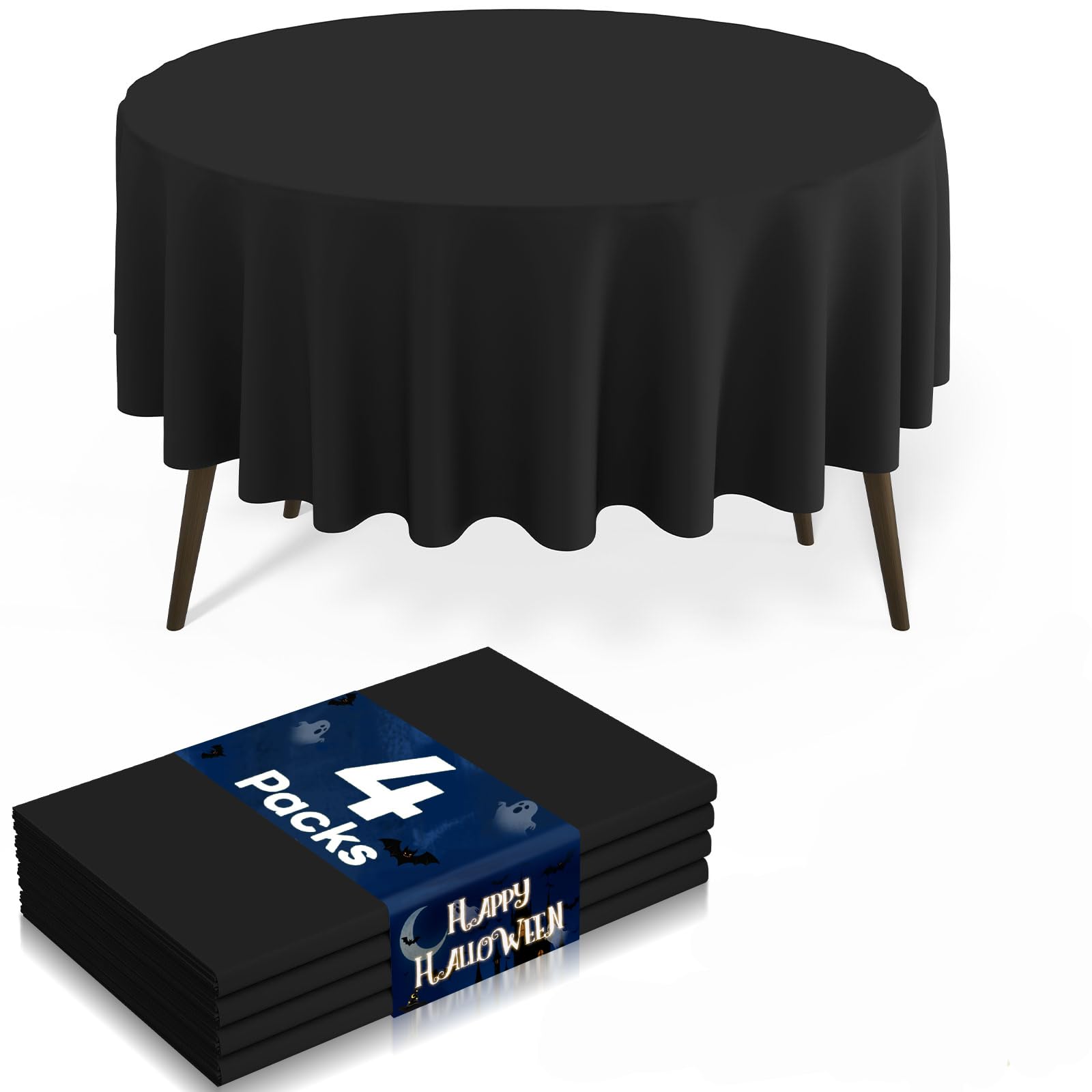 misaya 4 Packs Disposable Plastic Table Cloth, 84" Round Waterproof Tablecloth, Leakproof &amp; Sturdy Decorative Table Covers for Picnic, Party, Outdoor and Halloween, Black