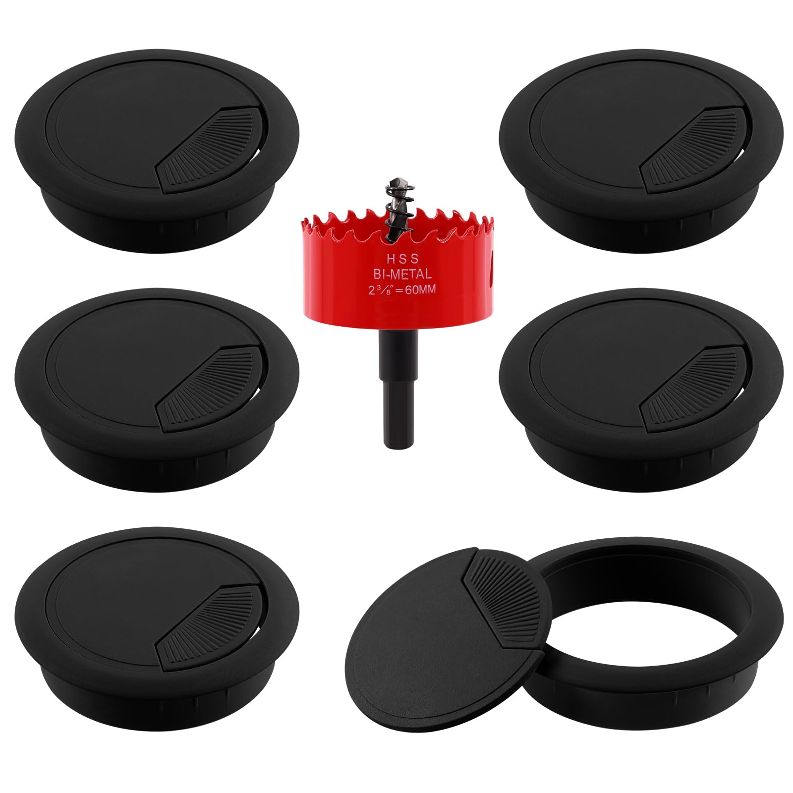 Glarks 6Pcs Black Desk Grommet 2-3/8inch Desk Adjustable Cable Hole Covers with 1Pc Hole Saw