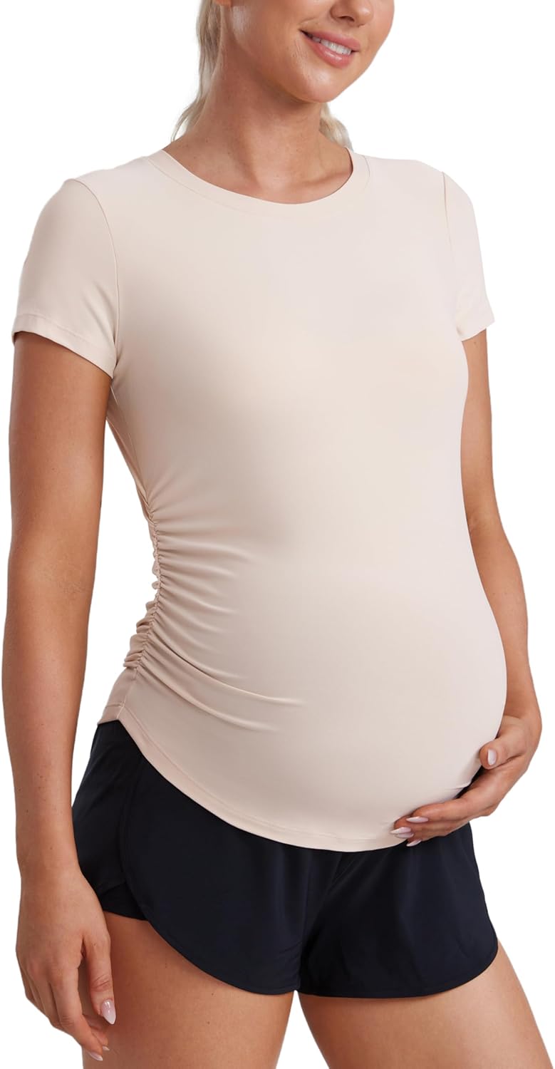 CRZ YOGA Cloudweight Maternity Shirts for Women Pregnancy Short Sleeve Side Ruched Tops Soft Workout Casual Athletic T-Shirt