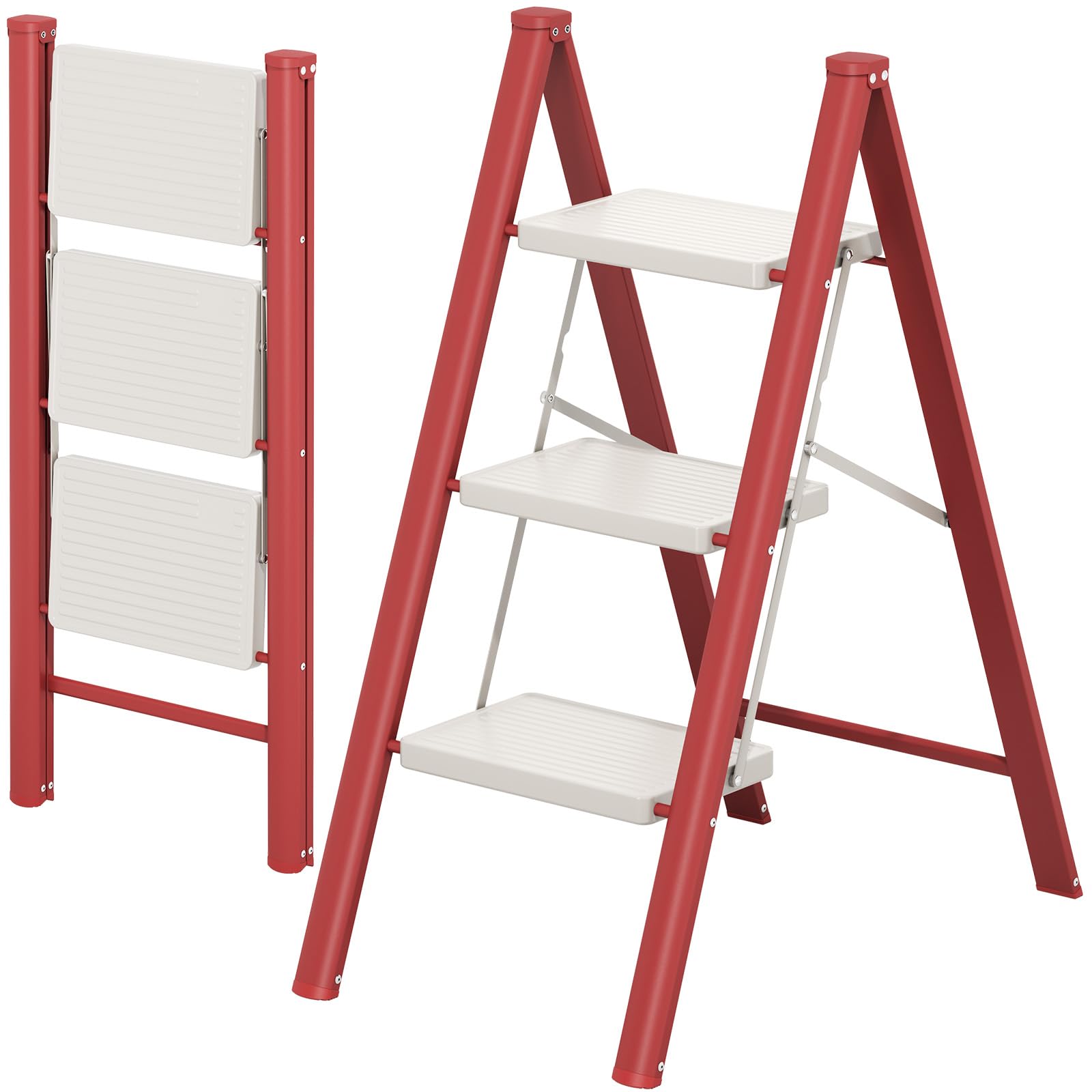 KINGRACK Escalera Plegable 3 peldaños sin barandilla, 150KG Rojo