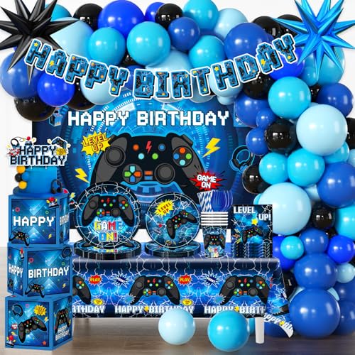 Gamer Birthday Party Decorations for Boys Serves 20 All-in-One Set Blue Video Game Birthday Decorations Video Game Balloon Arch Tableware Cake Topper Balloon Box Backdrop Tablecloth