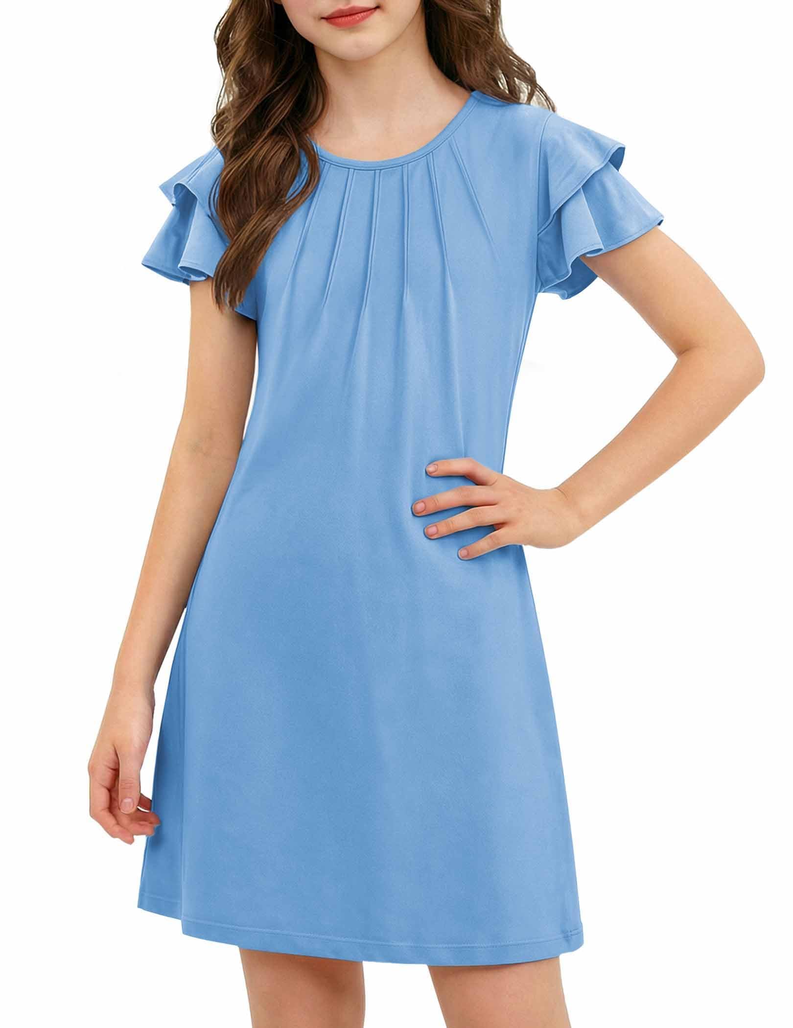 Arshiner Mädchen Kleider Sommer Plissiertes Gewellte Ärmel Kinder Einfarbig/Bedruckt Elegante Festliches Sommerkleid Freizeitkleid Kurzarm A-Linie Kinderkleid 6-14 Jahre