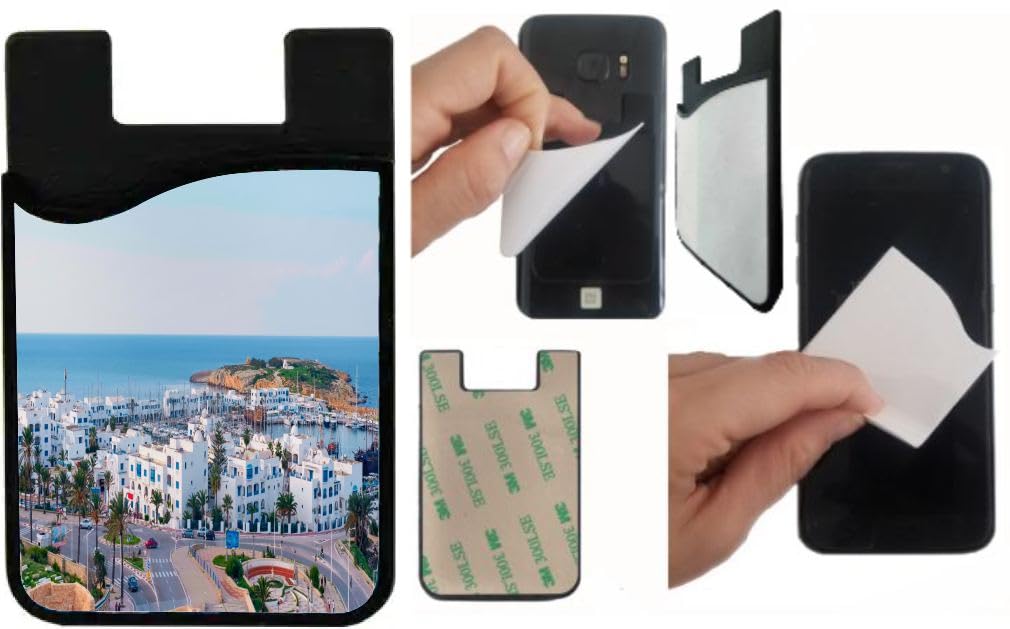 Island Gifting Neoprene Stick-on ID Card Holder for iPhone/Galaxy/Google Android Cases Featuring Image of The Port of Monastir and Meditteranean Sea in Tunisia