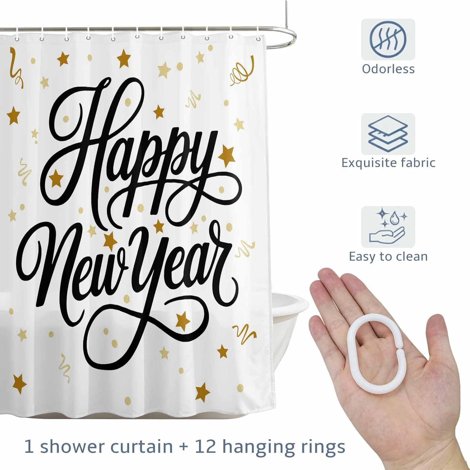 Happy New Years Bathroom Shower Curtains Set - Standard Shower Curtain 72 x 72 Inch, Winter Holiday Yellow Stars Ribbons Waterproof Fabric Bathroom Curtain with 12 Hooks, Bath Decor