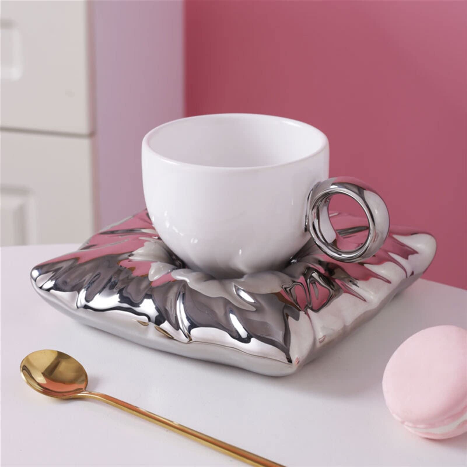 Tazas de Té Bolsa de almohada creativa nórdica Copa de café y platillo Cerámica Copa de té Set Home Office Webware Cumpleaños personalizado Regalos de boda Tazas de Desayuno (Color : F)