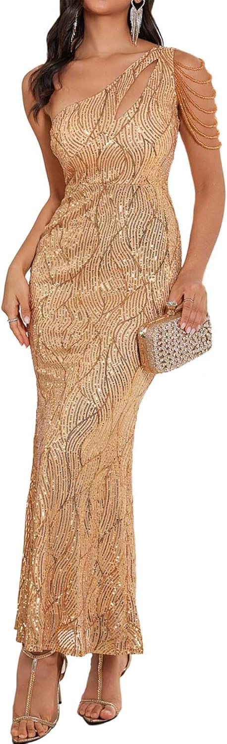 Elegant Sequin Dresses for Wedding Guest One Shoulder Dress for Women with Bead Maxi Formal Gowns