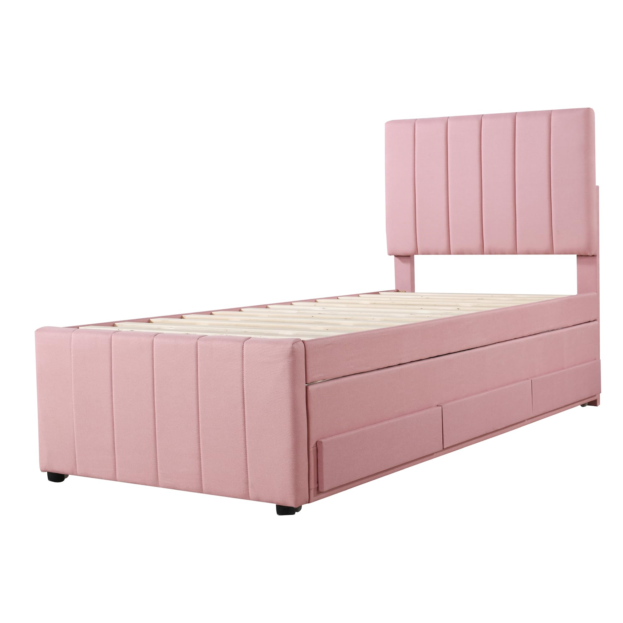 SACOOL Cama tapizada, 90 x 200 cm, con cama plegable y cajones de almacenamiento, acolchado de lino agradable para la piel, cama individual, cama infantil, cama juvenil, cama de invitados (rosa)