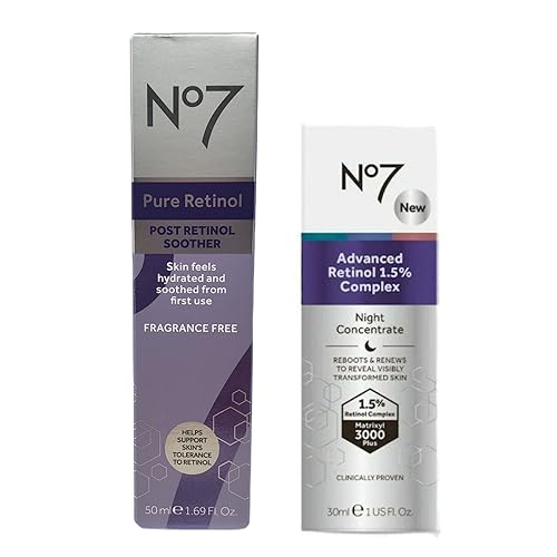 No. 7 Paquete de cuidado de la piel Pure Retinol contiene concentrado nocturno complejo avanzado al 1.5% (1 onza líquida) y poschupete (1.69 onzas),