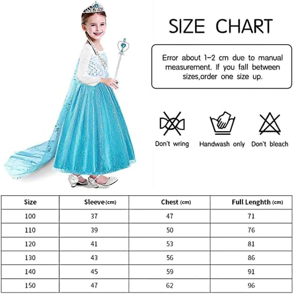 URAQT Kostüm Kinder Mädchen, 6-teiliges Set Kinder Prinzessin Kleid mit Krone Diadem Handschuhe Zauberstab usw für Weihnachten Karneval Halloween Rollenspiel(120)