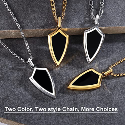 Agate Pendant For Men - Stainless Steel Shield Necklace Black Onyx Pendant， 2Mm Box Chain & 3Mm Figaro Chain, Steel And Gold Color, Natural Agate Jewelry Gifts For Him (Gold Color Box Chain) #TOP4