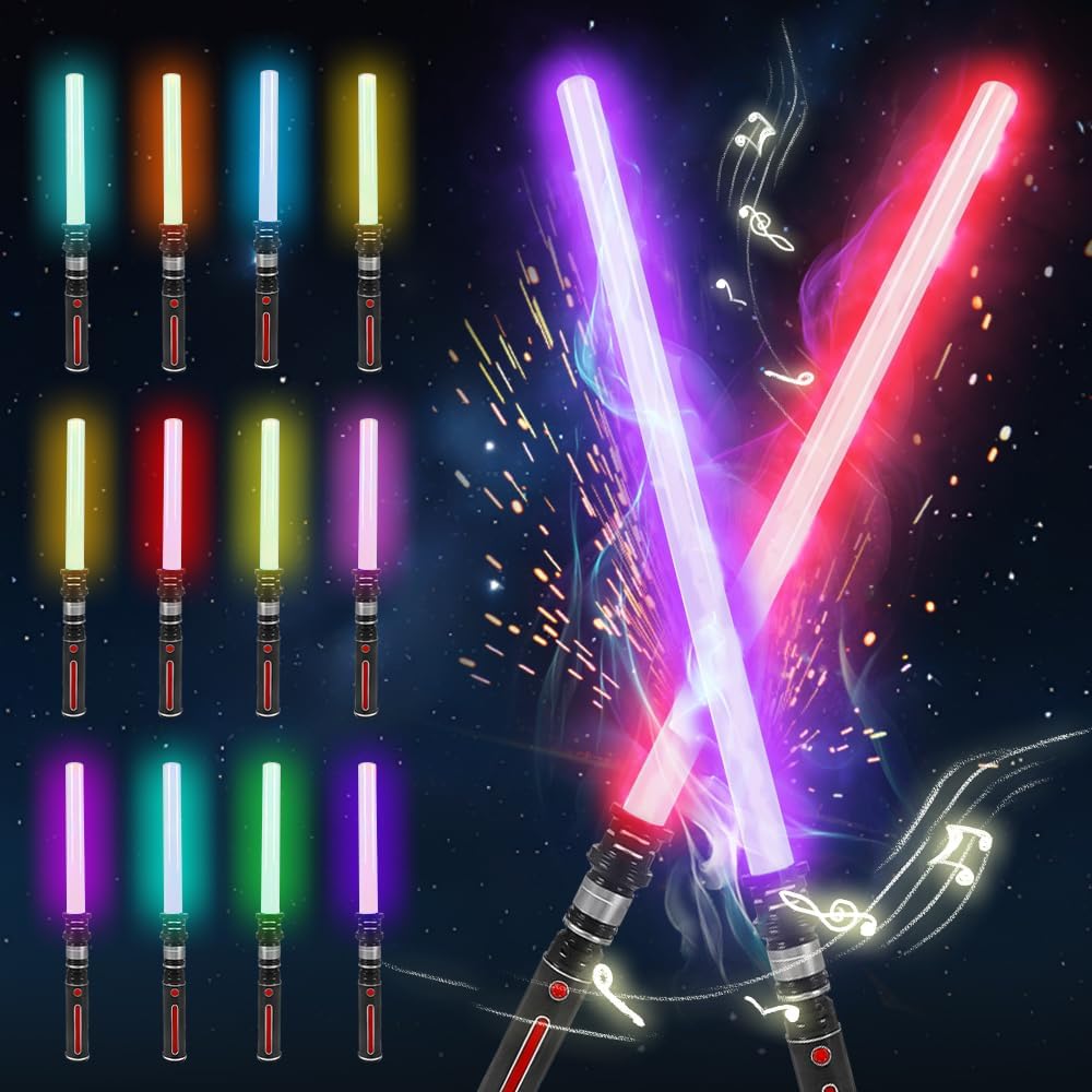 2 Pack Light Saber for Kids, Light Up Saber with Sound, 12 Colours with FX Sound, 84cm 2-in-1 Dual Light Sword, Expandable Light Sabres Motion Sensitive for Halloween Dress Up Parties, Xmas Gift