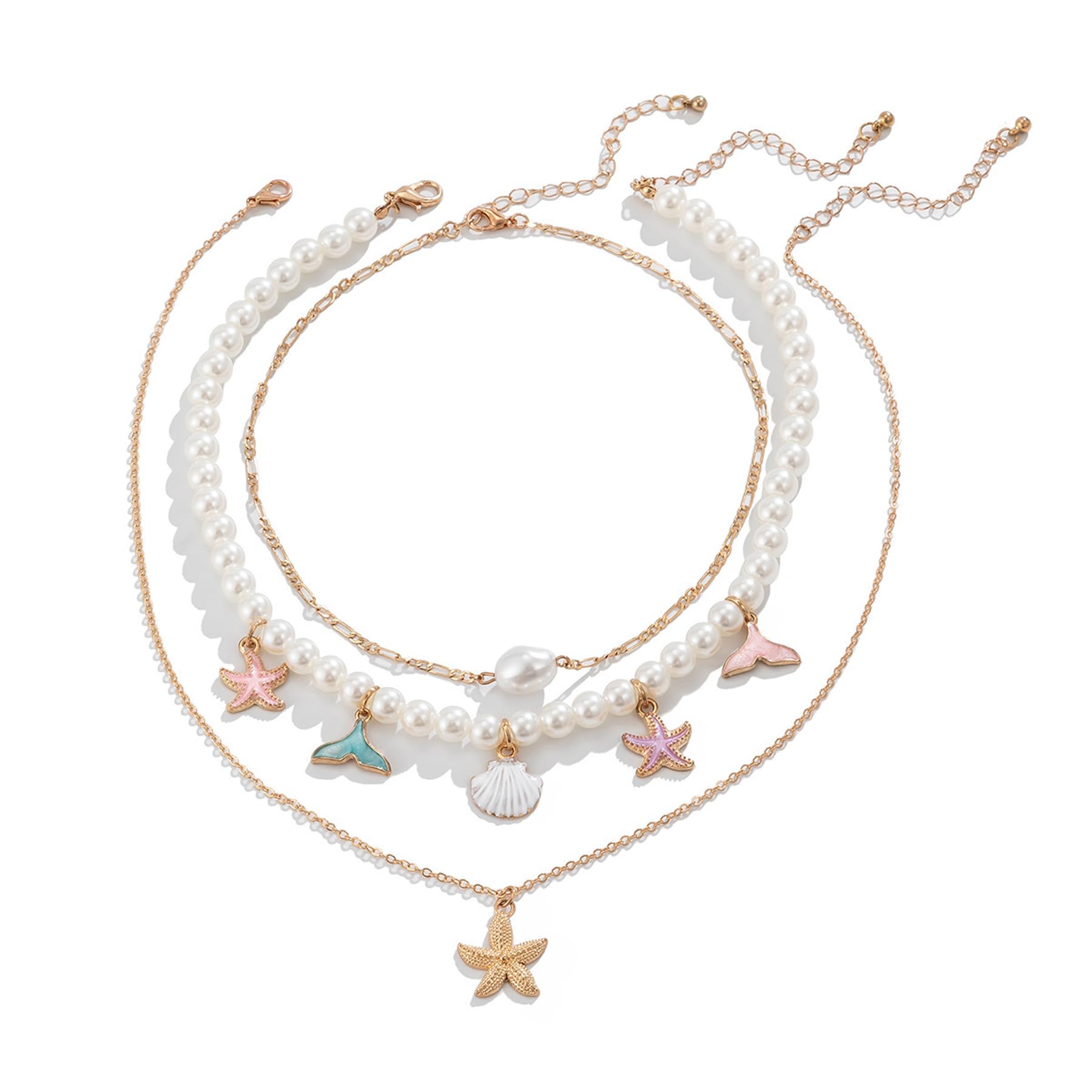 AOWVUTS Collar para Mujer, Colgantes Collar Bohemio Estrella Mar Concha, Joyas Perlas Océano Ajustables Multicapa Collar de Playa, Joyería de Cadena para Mujeres y Niñas
