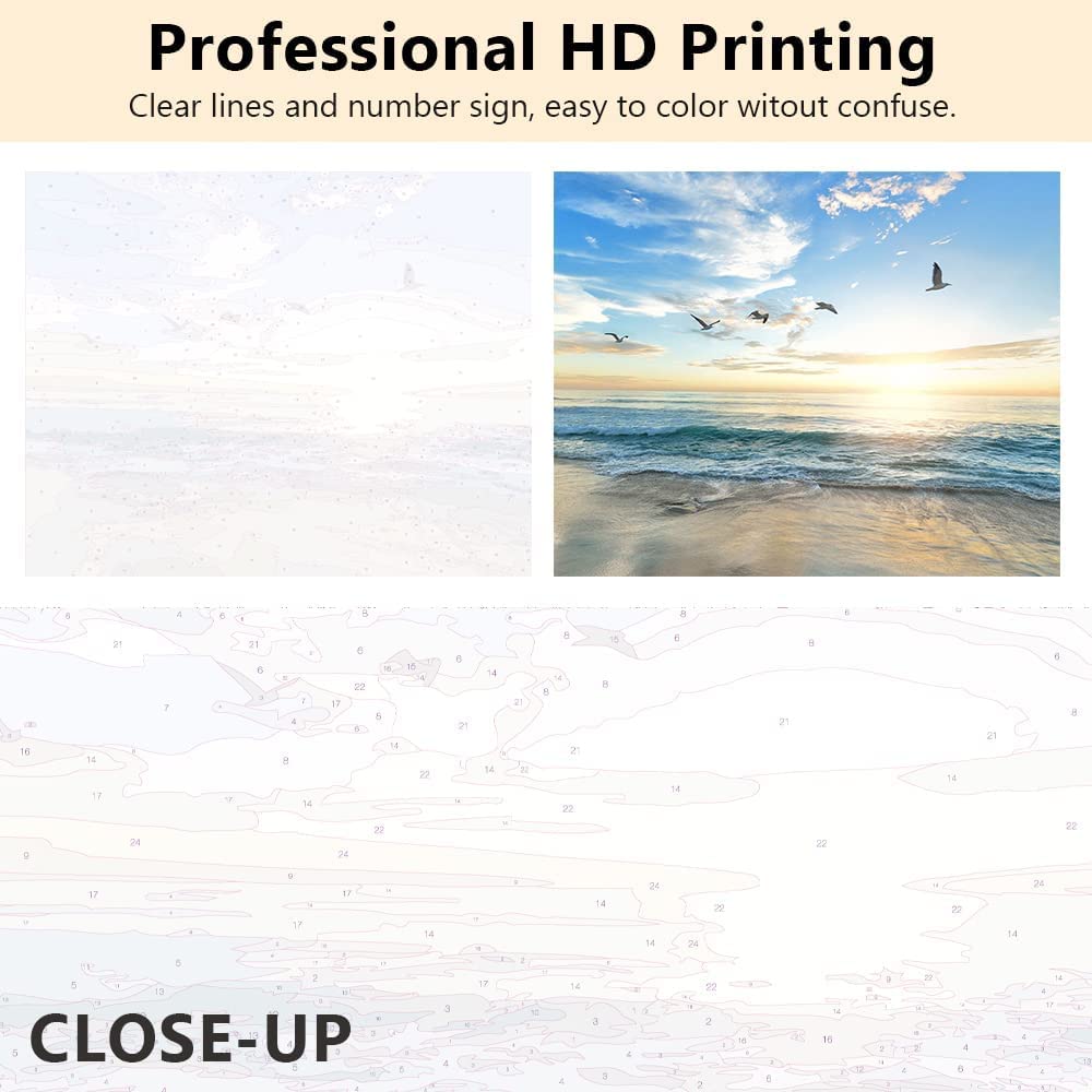 TISHIRON Malen nach Zahlen für Erwachsene Anfänger,Kinder Sonnenuntergang Strand Ozean Vögel Malerei Möwen DIY Ölgemälde Kit für Home Wall Decor mit Rahmen 16 "x20