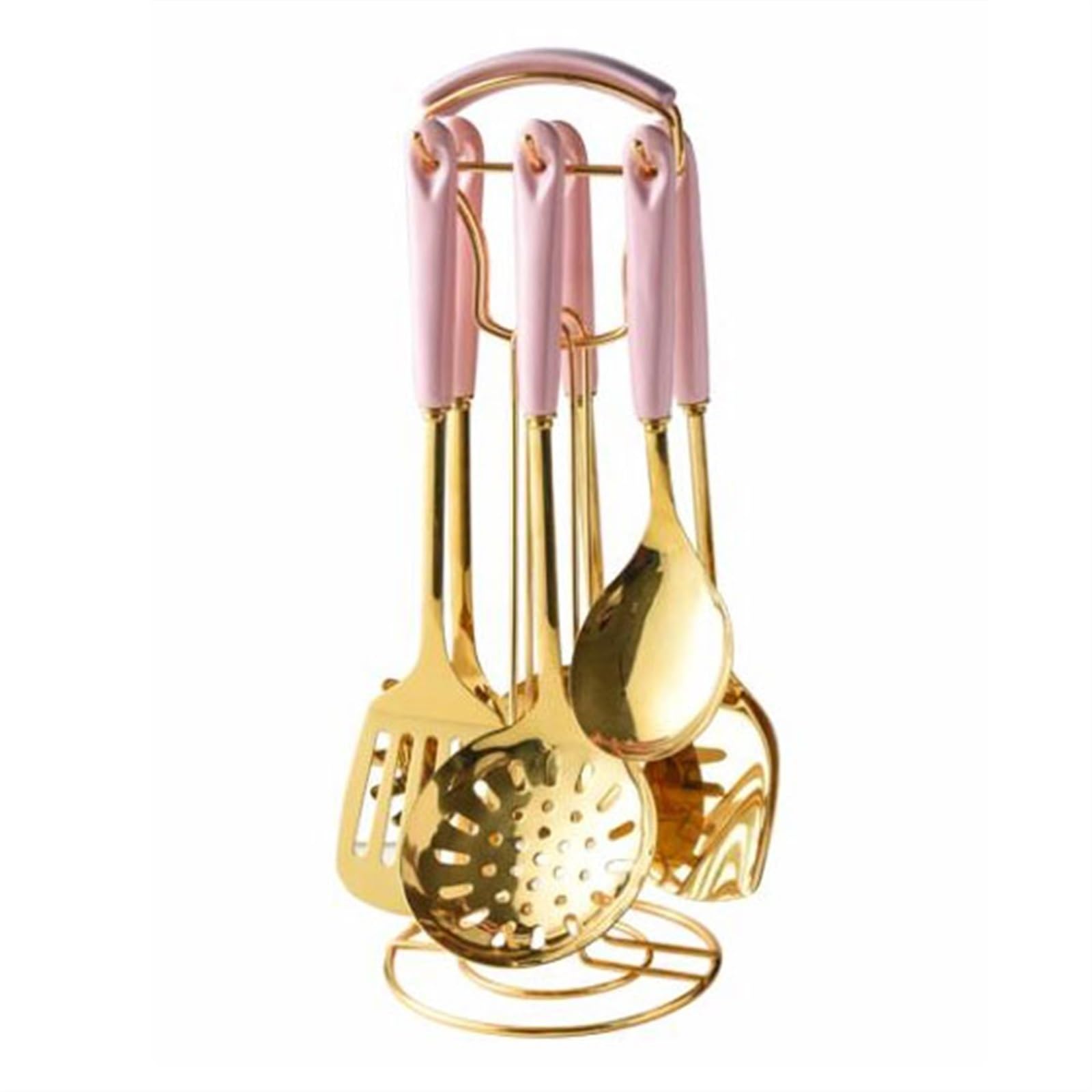 Kochspatel aus Edelstahl 304, Löffel, 7-teiliges Set, Kochutensilien, Abtropflöffel, Keramik-Gadgets (Rosa)