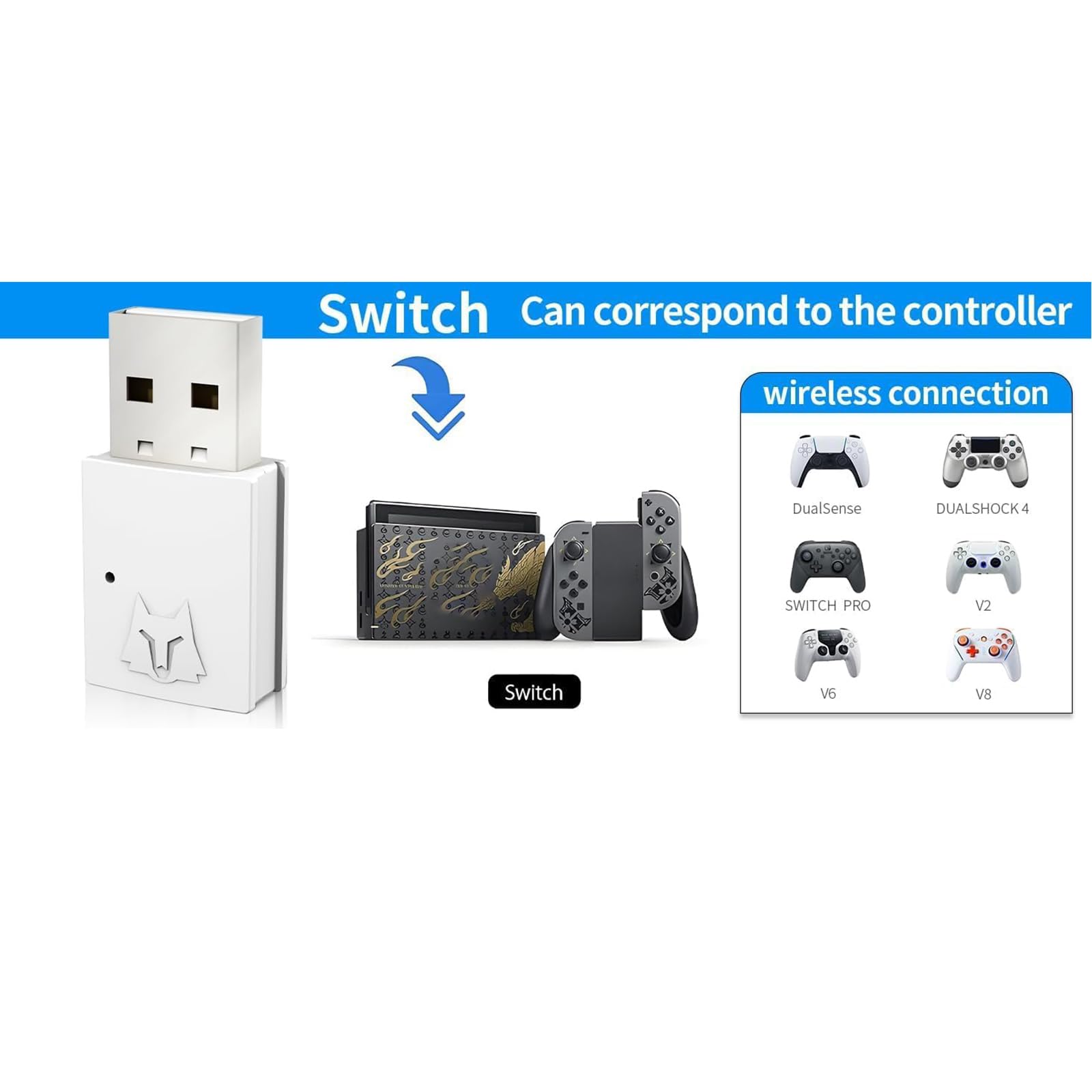 NBCP Wolf U-1 - Adaptateur blanc pour interrupteur, PC, manette PS5 Pro, manette sans fil et adaptateur Bluetooth PS5