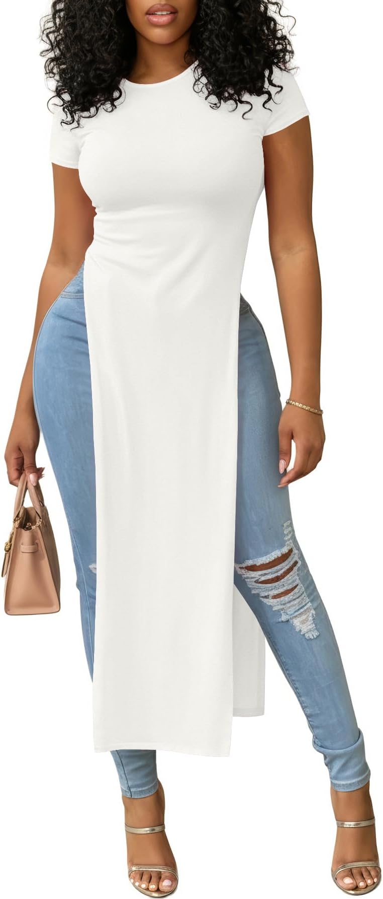 Women's Crew Neck Split Slit Hem Short Sleeve Slim Fit Tee Top Long Shirt Tunic