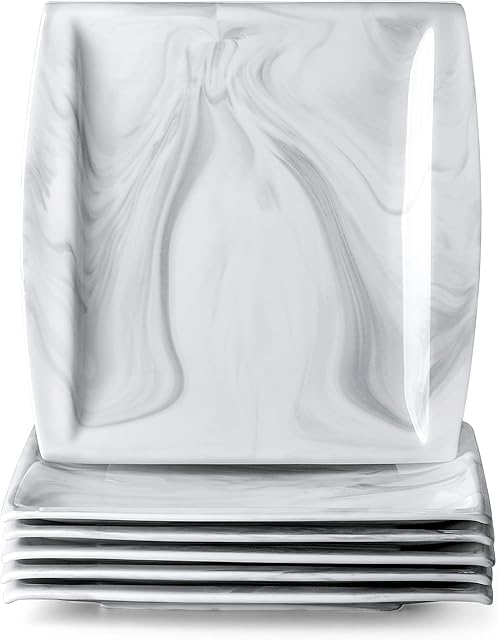 MALACASA, seria Blance, zestaw 6 marmurowych porcelanowych talerzy na ciasto, talerzy deserowych, śniadaniowych, 21x21x2,5cm 8,25 cala dla 6 osób