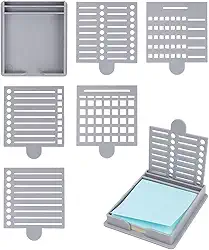 Estêncil de notas adesivas e suporte com cinco estênceis diferentes, organizador reutilizável de 7 x 7 cm para mesa (cinza)