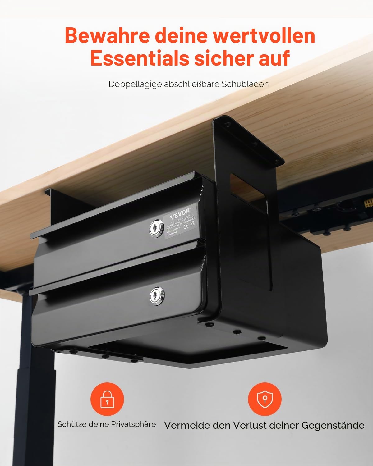 VEVOR Untertisch Schublade 365x335x250 mm, Unterbau Schreibtisch, versteckter 2-lagiger Aufbewahrungs-Organizer, abschließbare Bleistiftschublade für die Untermontage für Sitz-Steh-Arbeitsplätze