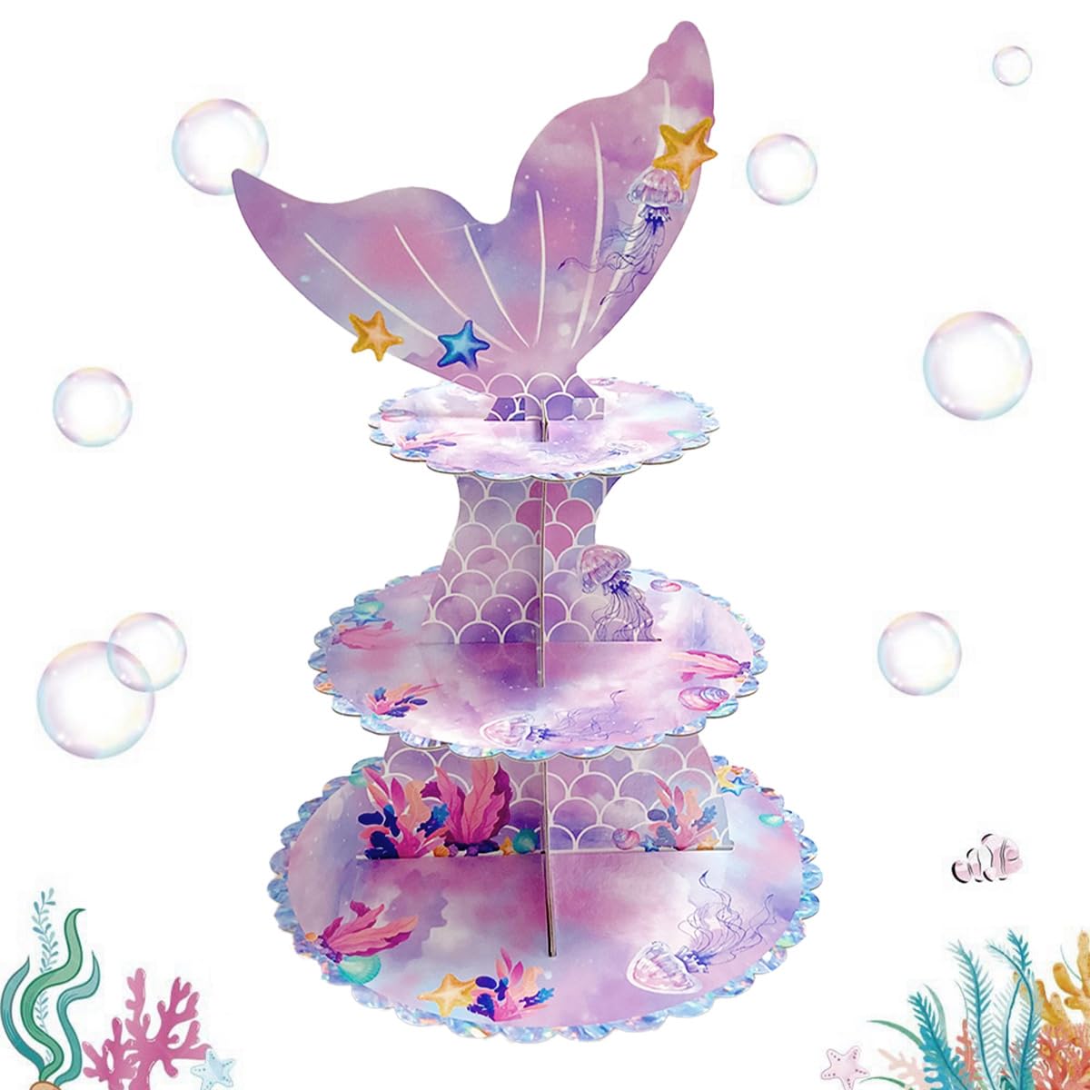 3 Tier Fantasy Ocean Kuchen Stand, Cupcake Turm+20Pcs Cupcake Wrappers+20Tcupcake Tops Unterwasserwelt, Traumhafte Meerjungfrauen Thema Geburtstag Party Dekoration