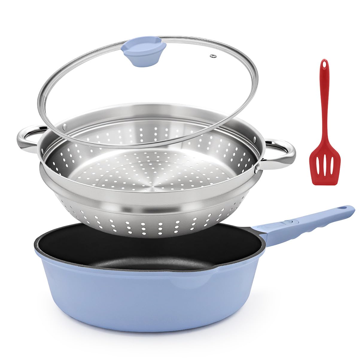 Bobikuke 12-Inch Nonstick Deep Frying Pan with Steamer