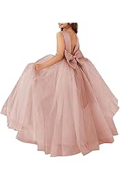 Flower Girls Satin Tulle Princess Pageant Dress for Wedding Kids Pearls Prom Ball Gowns with Bow-Knot