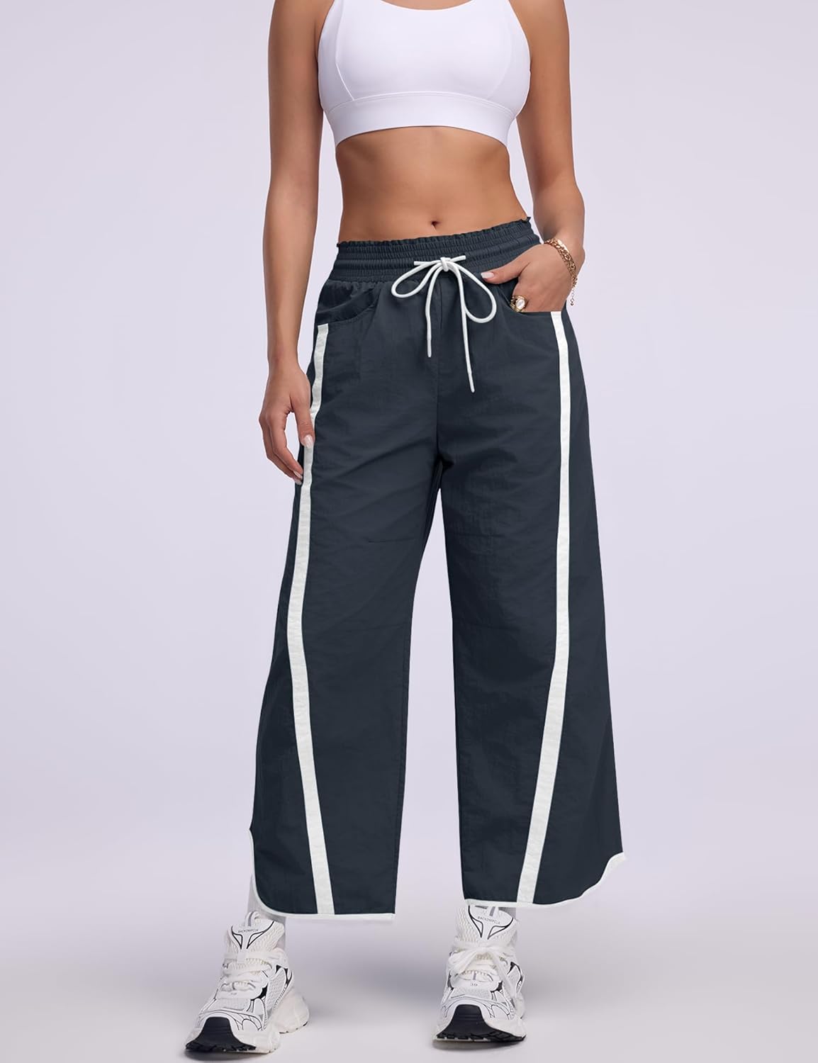 LOMON Womens Baggy Wide Leg Pants 2026 Lightweight Drawstring Contrast Color Elastic Waisted Y2K Track Pants with Pockets - Image 5