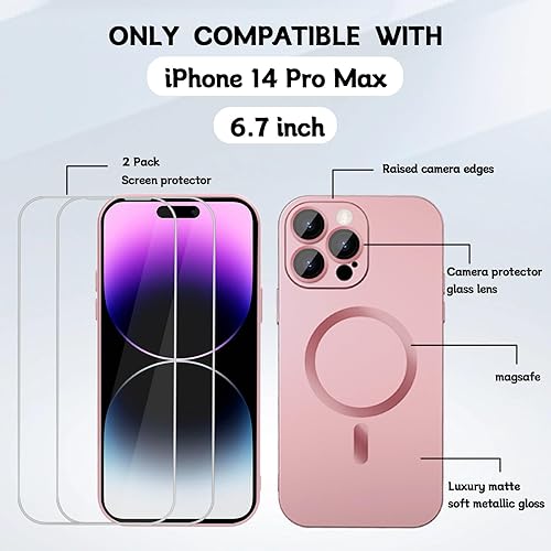 Miniatura 3 de ankofave Funda magnética para iPhone 14 Pro Max de 6.7 pulgadas, compatible con MagSafe, diseño metálico suave mate con protectores de lente y 2