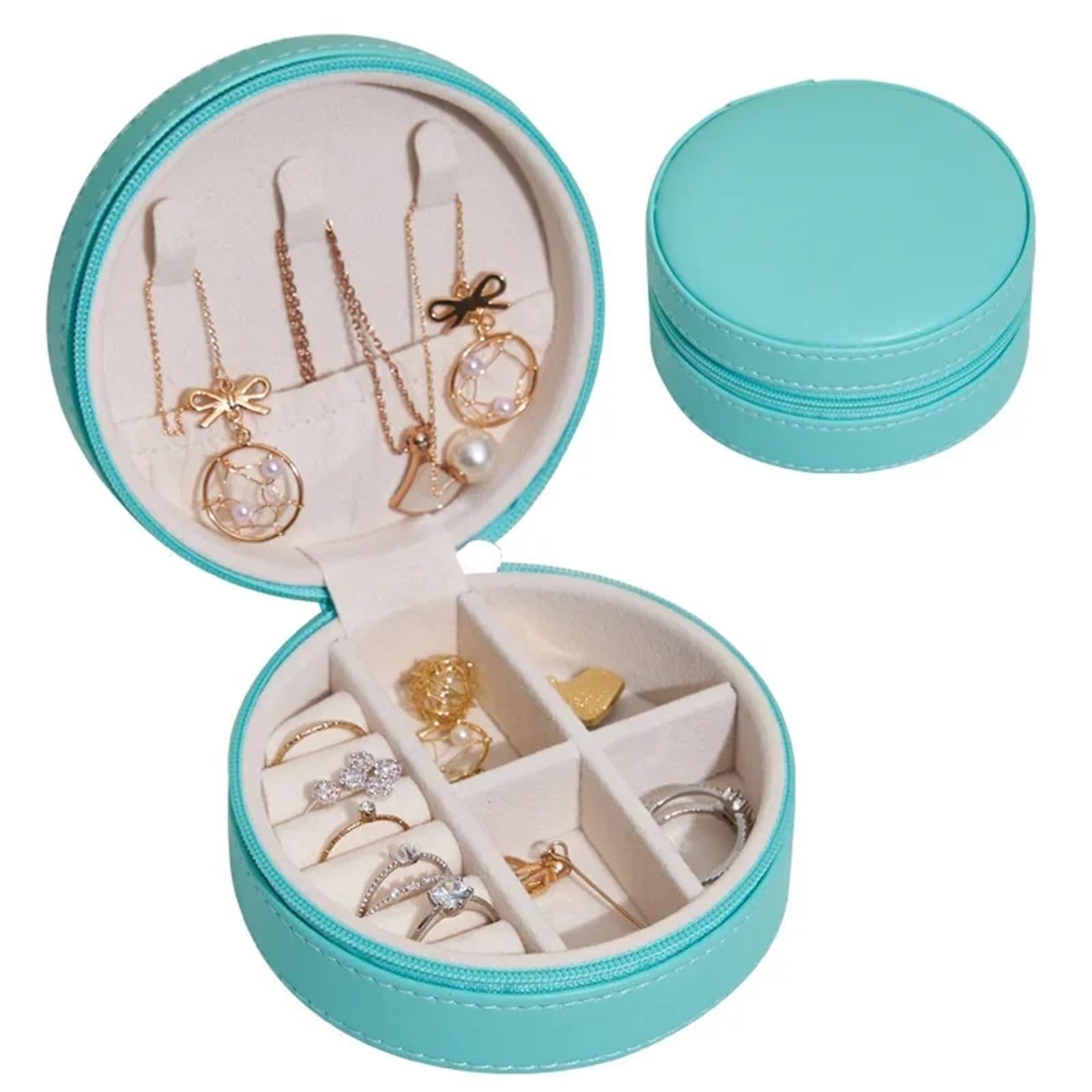 ZHAOQIN Jewellery Box Travel Simple Portable Round Jewelry Box Earring Mini Storage(Light Blue)