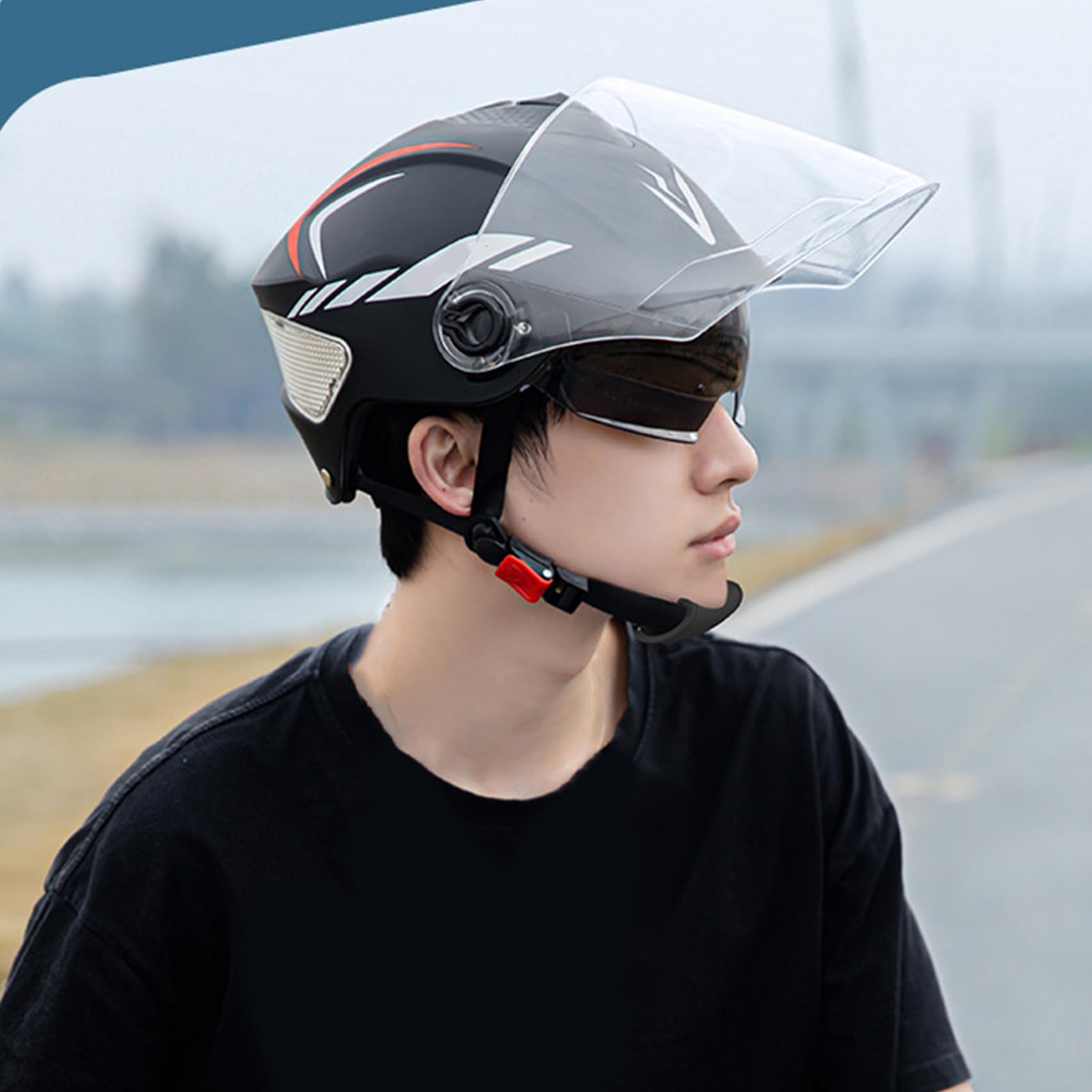 Motorcycle Headgear, Double Visor Scooter Helmet Adult, 21.25x24.01 Inches Adjustable Fit Riding Gear & UV Block Design, Hard Shell Hat for Wife, Husband, Son, Family, Men, Friends