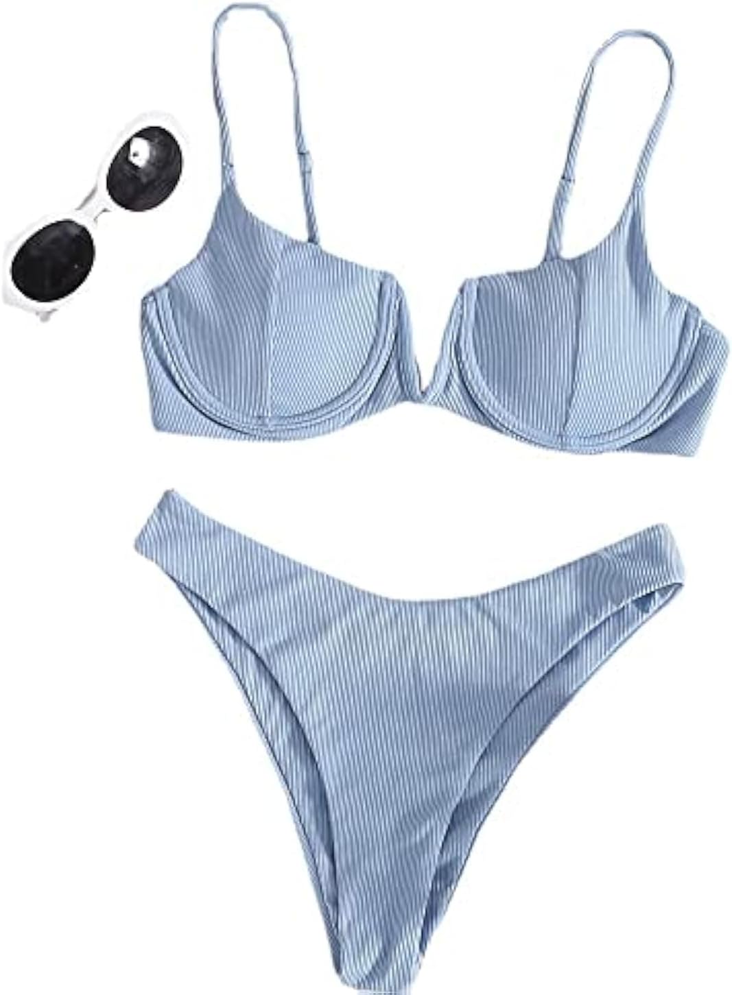 JFYZLTJFYZLT Push Up Bikini Thong Women Swimsuit Solid V Neck Ribbed Swimwear Bikinis Set Summer Beachwear Bathing Suit For Female - M - Light Blue