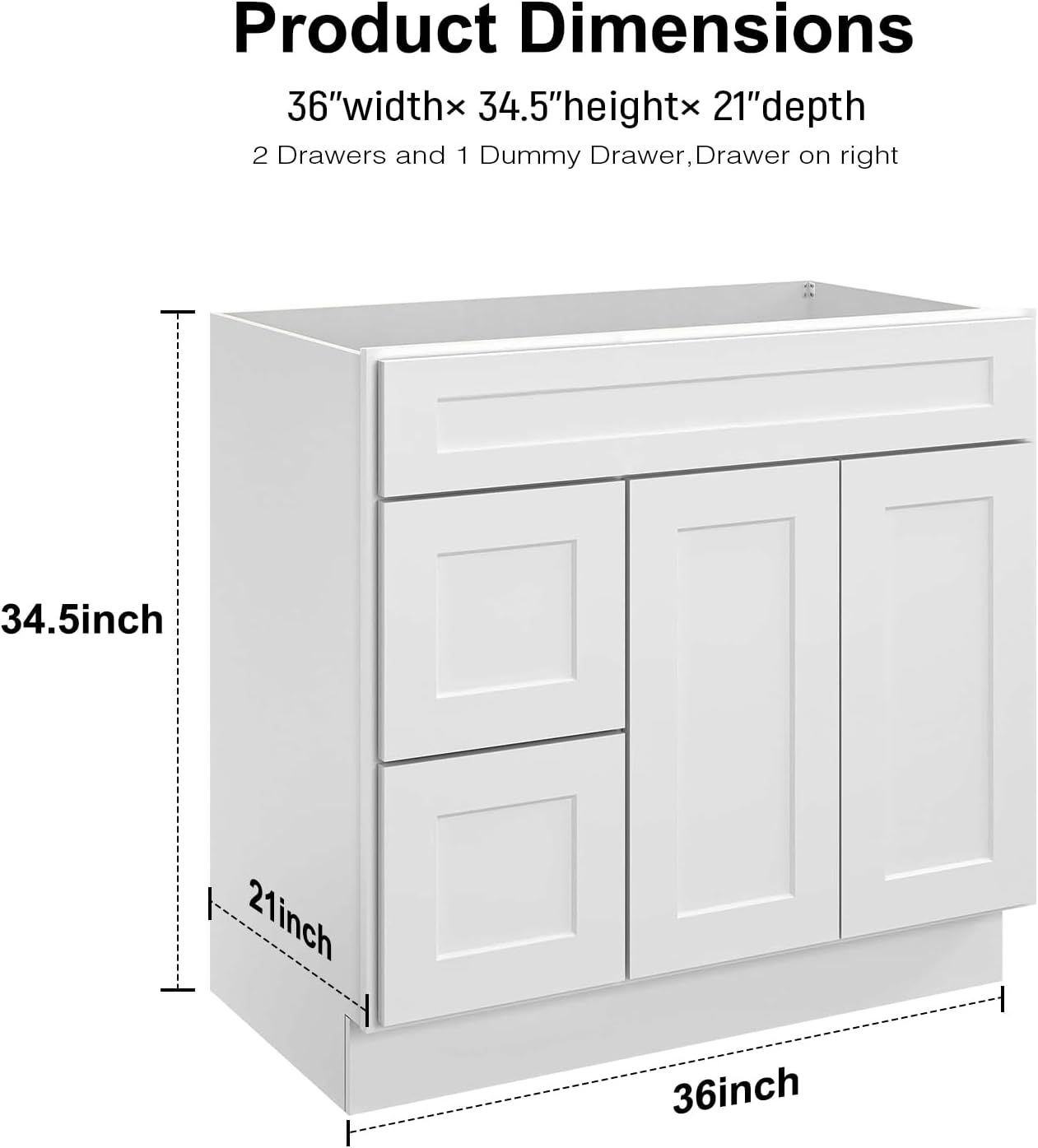 Bathroom Vanity, Bathroom Vanity Cabinet, Solid Wood and MDF Door Center, 2 Soft Close Doors and Drawers, 1 Dummy Drawer, White Shaker, Paint, Unassmble (Shaker White, 21"D X 34.5"H X 36"W)