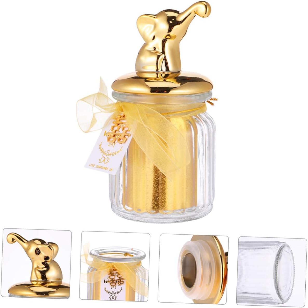 Wedding Glass Candy Box with Sealed Ceramic Lid Elephant Design, Gold-plated Glass Storage Jar for Wedding Favors and Snacks Display
