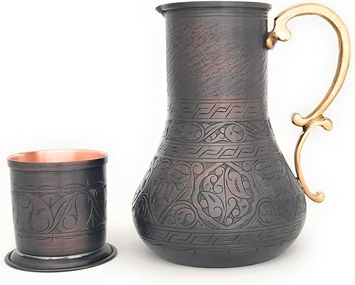 YDB Copper-KBS Series-NEW2022-Cobre macizo hecho a mano grabado 45oz jarra de cobre y 77oz CupSet con tapa jarra de agua mula de Moscú té de hielo