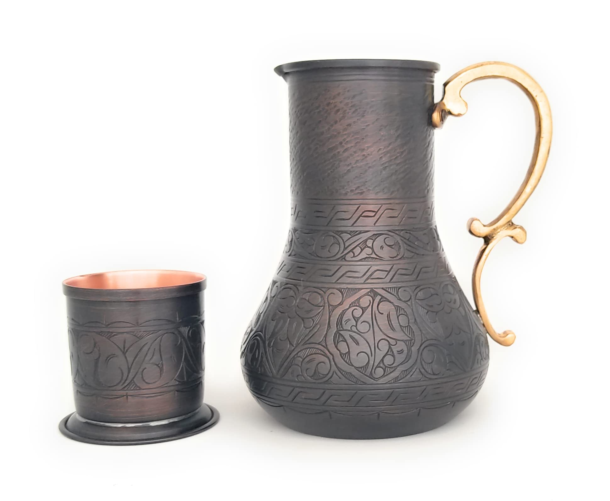 YDB You Deserve BetterYDB You Deserve Better NEW2022-Solid Copper,Handmade 45oz Copper Pitcher and 7.7oz CupSet with Lid,Water Jug,Moscow Mule,Ice Tea,Fruit Juice,Desktop/Bedside Night Water (AntiqueEngraved) (KBS-IA)