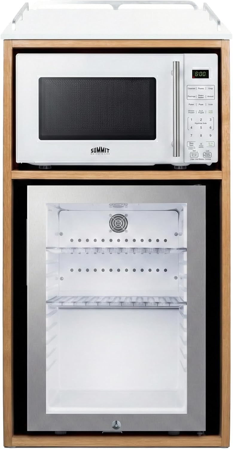 Summit 21” Coffee Station with Minibar & Microwave, 1.2 cu.ft. Refrigeration Capacity, Hospitality Cabinet, Light Oak, Black Stainless Steel - QCSMW1OAKW (White Microwave)